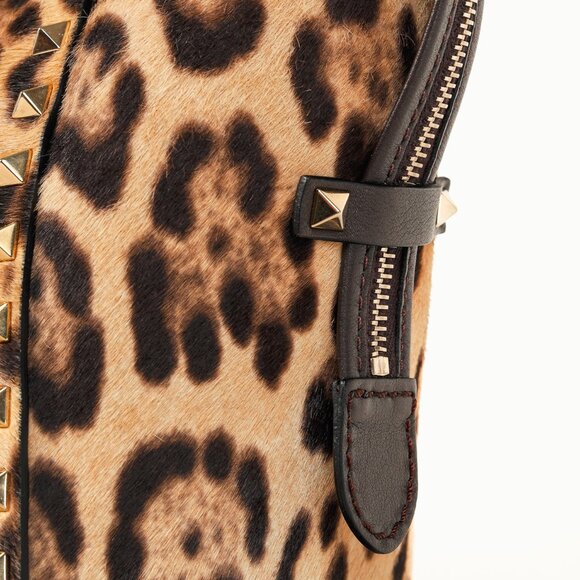 Valentino Brown Leopard Calf Hair Golden Rockstud Double Handle Tote - Picture 9 of 15